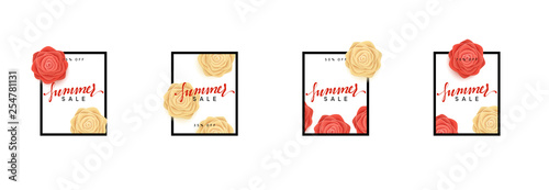 Summer Sale Banner Flowers Beautiful Roses In The Style Of Paper