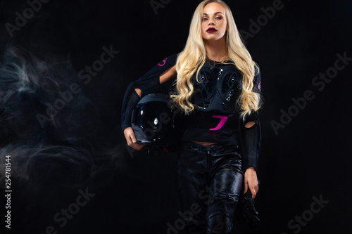Fashion Model Dj And Biker In Headphones Black Leather Jacket