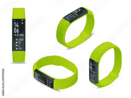 Fotomural Isometric fitness bracelet or tracker with a smartphone isolated on white