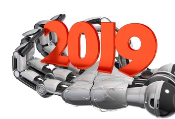 Poster - 2019 and artificial intelligence concept. Machine learning and cyber mind domination concept in form of women face outline outline with circuit board and binary data flow on blue background..