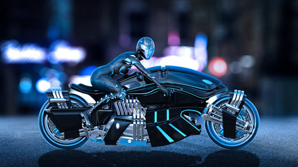 Wall Mural - Biker girl with helmet riding a sci-fi bike, woman on black futuristic motorcycle in night city street, side view, 3D rendering