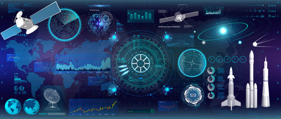 Spacecraft control panel dashboard in HUD style. Head-up display elements. Template UI for app and virtual reality. Abstract virtual graphic touch. HUD inteerface elements set. Vector illustration