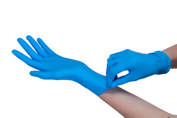 Hands in blue medical latex gloves isolated white background