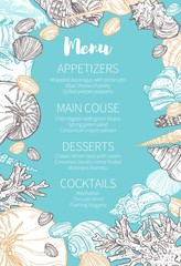 Marine seashells sketch menu, wedding party