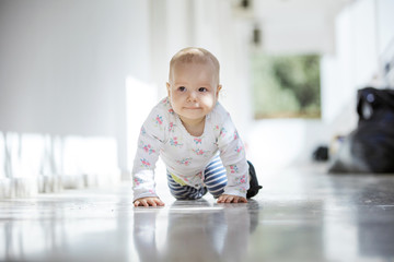 Wall Mural - Baby girl crawling along open passage in house