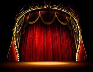 Empty old opera gala theater stage and red velvet curtains