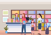 People In Line Queue Borrowing Books From Librarian Modern Library Bookstore Interior Bookcase With Books Reading Education Knowledge Concept Flat Horizontal