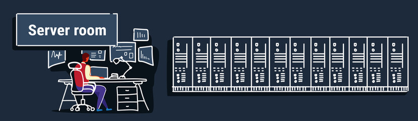 Poster - man sitting workplace desk working in data center room hosting server computer monitoring concept information database rear view worker sketch doodle horizontal banner
