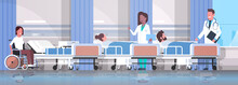 Doctors Team Visiting Disabled Mix Race Patients Sitting Wheelchair Lying Bed Intensive Therapy Ward Healthcare Concept Hospital Clinic Room Interior Horizontal