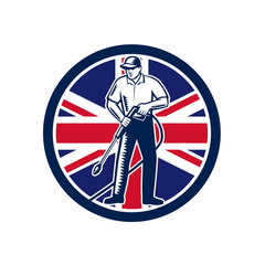 Wall Mural - Illustration of British worker with pressure washer chemical washing using high-pressure water spray with UK United Kingdom Union Jack flag set inside circle done in retro woodcut style. 