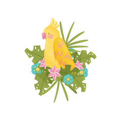 Wall Mural - yellow parrot with closed eyes sitting on branch.
