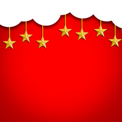 Wall Mural - Red christmas background with white clouds and golden star