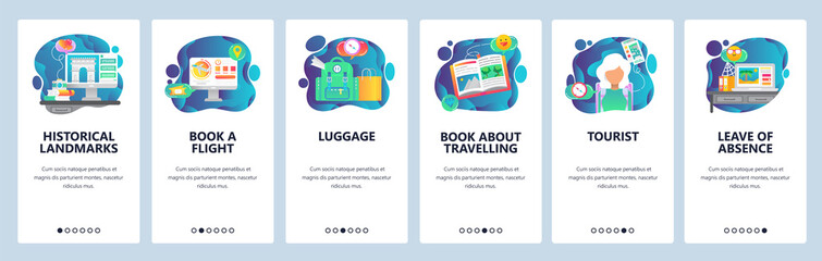 Mobile app onboarding screens. Travel, book flight, backpacking, tourist . Menu vector banner template for website and mobile development. Web site design flat illustration