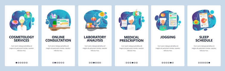 Aufkleber - Mobile app onboarding screens. Beauty and healthcare industry, doctor online, drugprescription, fitness app. Menu vector banner template for website and mobile development. Web site illustration