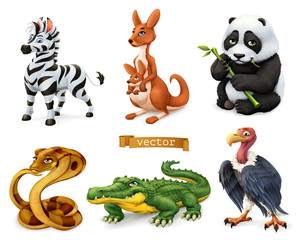 Funny animals. Zebra, kangaroo, panda bear, cobra snake, crocodile, vulture. 3d vector icon set