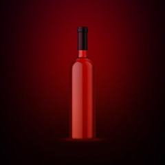 Wall Mural - Full whiskey bottle on dark red background. Product packaging brand design. Mock up drink with place for you lable and text. Old and tasty scotch whisky against lit background.