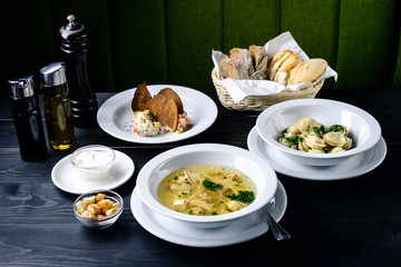 Poster - three-course set on the table in the restaurant, cafe menu, soup, second and salad