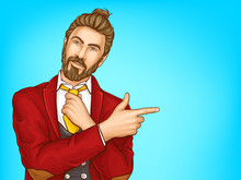 Half-length Portrait Of Attractive Hipster Men In Red Suit, Loosening His Tie, Pointing With Finger On Copyspace Pop Art Vector Illustration. Mens Fashion Concept, Clothing Shop Ad Banner Template