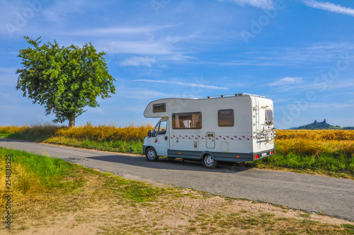 Cesky Raj, Bohemian Paradise, Trosky Castle, Caravaning, White kamper on a co...