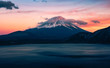 Beautiful Fuji mountain on evening  with cold weather at lake side