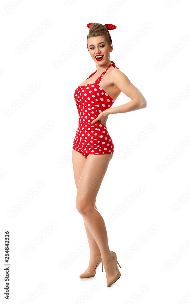 Beautiful pin-up woman on white background