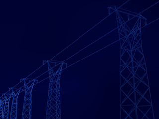 Poster - background with power towers. outlines of the power supply tower of blue lines on a dark background.