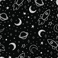 Wall Mural - Doodle pattern with night sky Moon, Saturn, rocket and stars seamless background Hand drawn vector illustration 