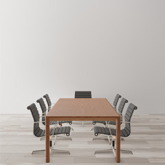 Empty meeting room with chairs, wooden table ,wooden floor ,concrete wall ,copy space for mock up,3d rendering