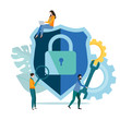 Online technologies, IT and internet security, data protection. Template with people and closed lock icon.