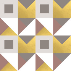 Poster - Festive triangle and square geometric shapes background. Abstract mosaic vector seamless pattern in pastel and golden colors. Christmas , new year, carnival, party, celebration wrapping paper concept.