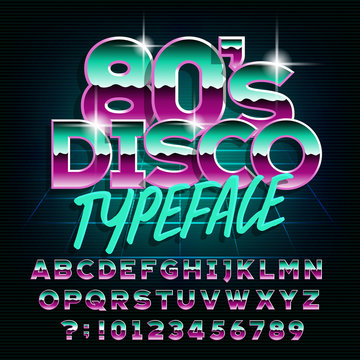 80’s Disco typeface. Letters and numbers. Stock vector alphabet font for your design in retro 80s style.