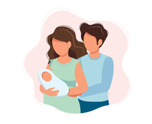 Happy Parents - Cute Cartoon  Concept Illustration Of A Couple Holding Newborn Baby, Healthcare, Parenting, Medicine. Vector Illustration