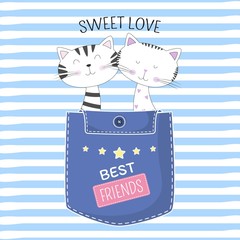 Lovely two cats in pocket with text sweet love on blue background.