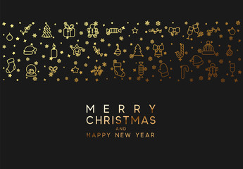 Wall Mural - Merry Christmas and happy new year. Black background with festive gold line style
