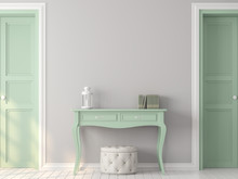 Vintage Room With Pastel Color 3d Render,There Are White Wood Floor,gray Paint Wall,Decorate With Light Green Table,sunlight Shining Into The Room.