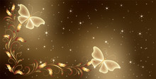 Stellar Space Background With Magical Butterflies And Golden Ornament