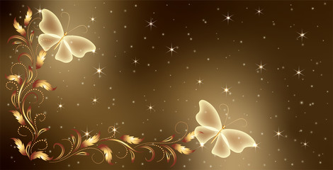 Wall Mural - Stellar space background with magical butterflies and golden ornament