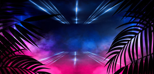 Wall Mural - ackground of the dark room, tunnel, corridor, neon light, lamps, tropical leaves. Abstract background with new light.
