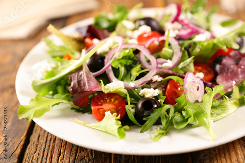 Fotografía vegetable salad with cheese, onion,tomato and olive