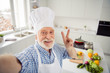 © deagreez - Close up photo cheer grey haired he his him grandpa telephone make take selfies video followers show v-sign say hi wear baker chefs costume casual checkered plaid shirt outfit house kitchen