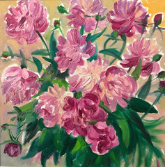  Drawing of bright sunny day, big pink peonies