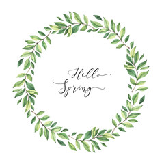  Hand drawn watercolor illustration. Wreath with botanical spring leaves. Greenery. Floral Design elements. Perfect for wedding invitations, cards, prints, posters
