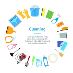 Wall Mural - Cartoon Household Cleaning Banner Card Circle. Vector