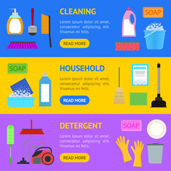 Poster - Cartoon Household Cleaning Banner Horizontal Set . Vector