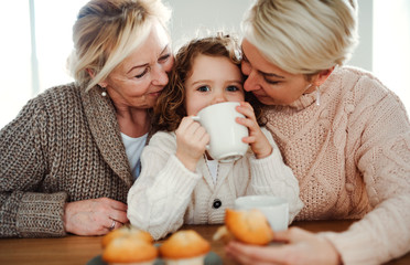 Wall Mural - a portrait of small girl with mother and grandmother at the table at home.