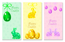 Easter Greeting Banners With Low Poly Eggs And Rabbits On Green, Yellow And Pink Background. Vector Illustration, EPS 10. Template For Desing Card, Invitation, Festive Decoration.