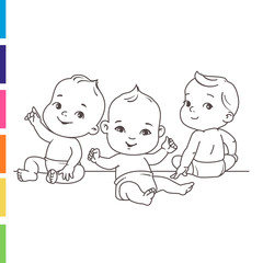 Wall Mural - cute little babies in diaper sitting together. happy children. girls and boys smiling waving hands, 