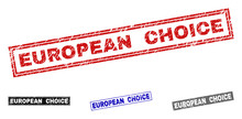 Grunge EUROPEAN CHOICE Rectangle Stamp Seals Isolated On A White Background. Rectangular Seals With Grunge Texture In Red, Blue, Black And Grey Colors.