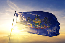 Pennsylvania State Of United States Flag Waving On The Top Sunrise Mist Fog