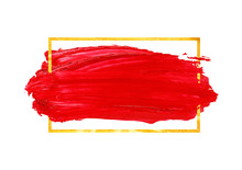 Red Brush Stroke Banner Isolated On White Background. Abstract Hand Painted Lipstick Background.